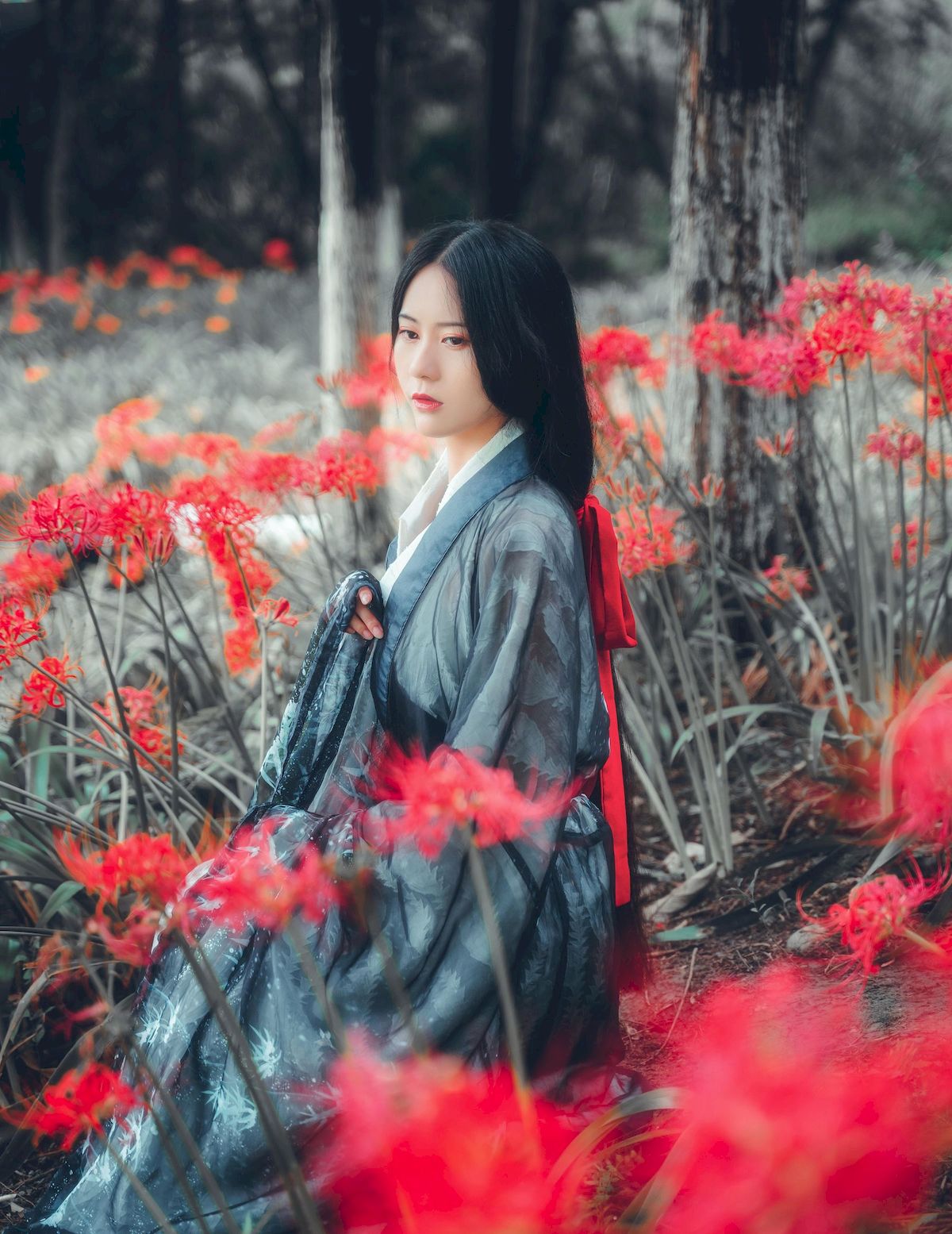 彼岸花丛中的汉服美女